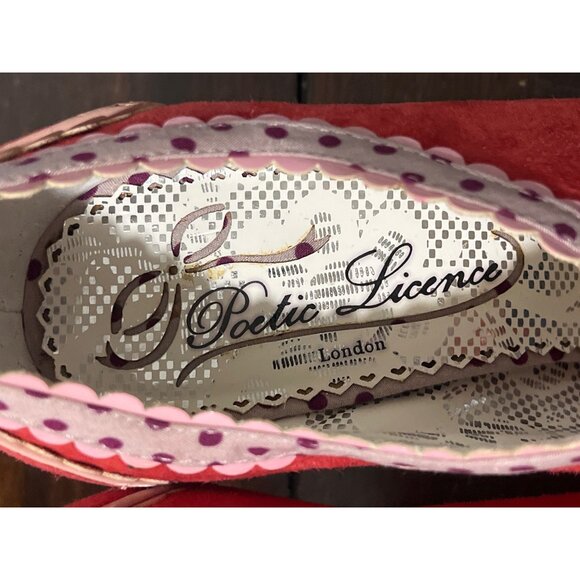 Poetic Licence London Lace Trim Red Suede Heels Pink-Bow Art Size EU 38 / US 7 - Picture 6 of 9